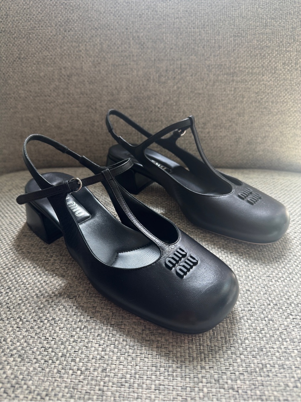 Miu Miu black soft leather slingback Mary Jane pumps